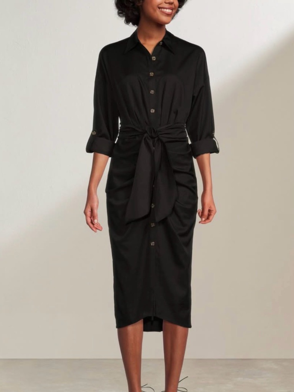 ANTONIO MELANI Black Button-Front Tie-Waist Midi Shirt Dress